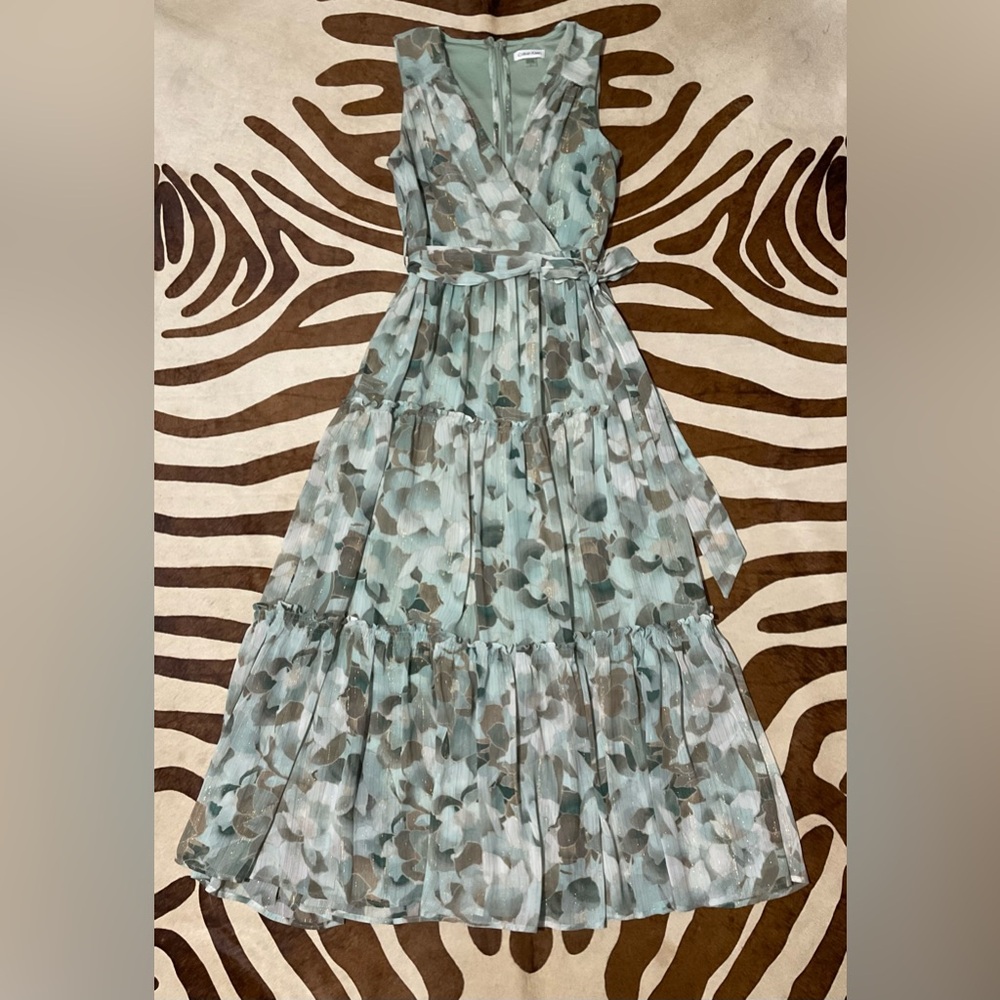 Calvin Klein Tiered Maxi Dress Sea Green Metallic Gold Floral Print Sz 6 - Picture 5 of 8